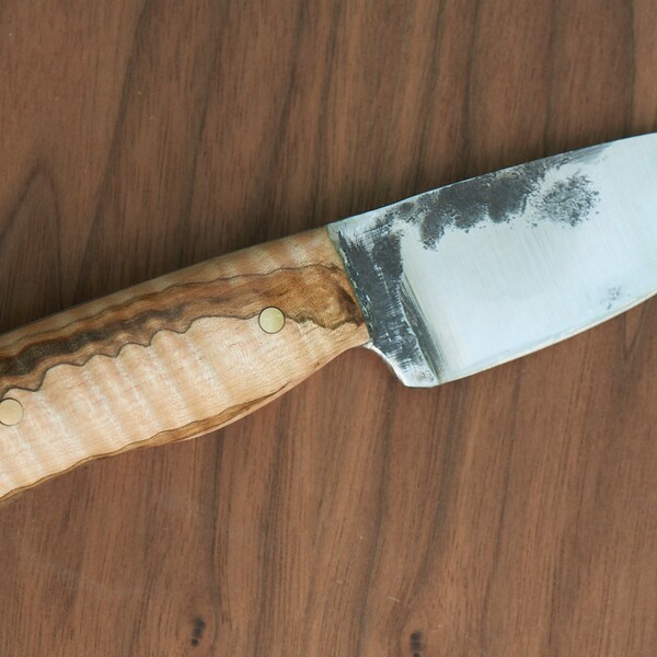 Hand Forged Drop Point Carbon Steel Knife with Interesting Curly Maple Handle 3.5" Blade; 8" Overall