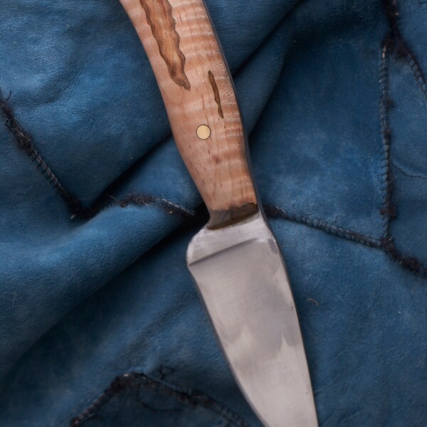 Hand Forged Drop Point Knife with Stabilized Curly Maple 3.5" Blade, 8" Overall