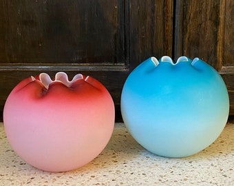 2 Blue Pink Vases. Fenton Crimped Rose Vases. Twin Boy Girl Mom/Shower/Gift/Gender Reveal Gift. Vintage Collectible Boy Girl Shower Decor