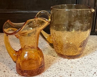 Amber Crackle Creamers. Small Gold Glass Pitchers. Fall Ornate Glass Creamers/Small Pitchers. Collectible Amber Glass