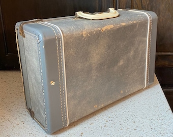 Gray Vinyl Suitcase. Vintage Two Tone Suitcase. Retro Gray Ivory Storage, Suitcase, Luggage, Decor.