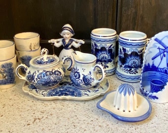 Lot Delft Pieces. Cream/Sugar. Delft Dishes, Cups, Bell, Cream Sugar, Shot Glasses, Stein/Mugs. Buy What You Want Dutch/Holland Hand Painted