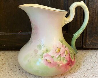 Gorgeous French Pitcher. Floral Green Pink Pitcher. D & C Limoges Rose Muted Floral Pitcher. Super Feminine Victorian Small Pitcher