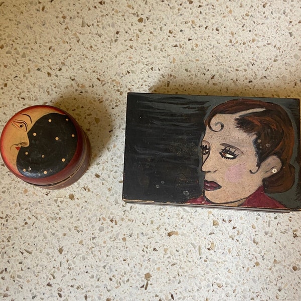 Moon/Lady Jewelry Boxes. Hand Painted Trinket Boxes. Vintage Knick Knacks.