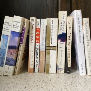 11 White Paperbacks. Popular Novels. Books by Color. Richard Yates, Mark Twain, John Updike, Doris Lessing, Richard Russo, Kenneth Roberts