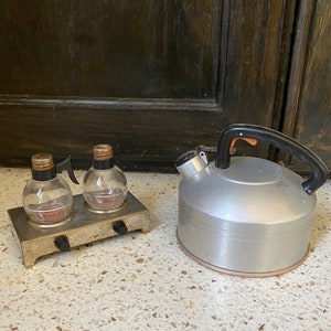 Doll Coffee, Tea Kitchen Collectibles. Bunsen Salt Pepper. Mini Singing Tea Kettle. Metal Coffee Pieces. Doll Role Playing. Mini Collect