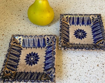 Distressed Blue Dish.  Blue Gold, Leaves Square Dish. Vintage Worn Jewelry, Soap, Nuts, Keys, Dish. B & M Collectible Pottery