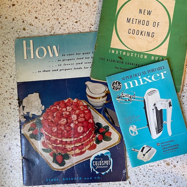3 Advertising Recipe Booklets. GE Mixer, Sears Coldspot, Wear-Ever Aluminum Cookware Memorabilia. 1930s, 1950s Ads