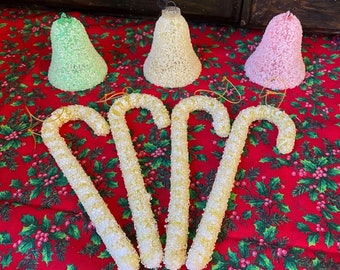 Sugar Coated Ornaments. Sugar Coated Candy Canes. Sugar Coated Bells. Vintage Sugar Plastic Pastel Ornaments