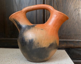 Mexican Clay Jug. Two Spout Wedding Jug. Orange Black Clay Ethnic Vase/Jug/Pot. Ethnic Central American Decor