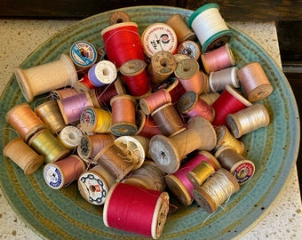 Pink Red Old Spools. Vintage Spools Thread. Pink, Red, Taupe, Ivory, Orange, Gold, Yellow, White. Old Wood Spools.