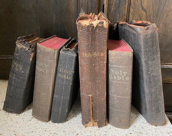 Antique Leather Bible. Small Worn Bibles. 1800, 1900s Antique Distressed Small Leather Black Books.