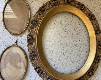 3 Old Oval Gold Frames. Vintage Victorian Distress Frames. Metal/Wood With/Without Glass. Hanging Gold Frames