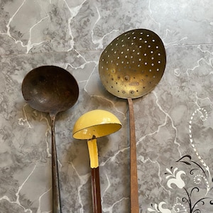 Old Hanging Ladle. Antique Large Ladle. Distress Slotted Spoon. Old Kitchen Utensils. Industrial Farmhouse Cottage