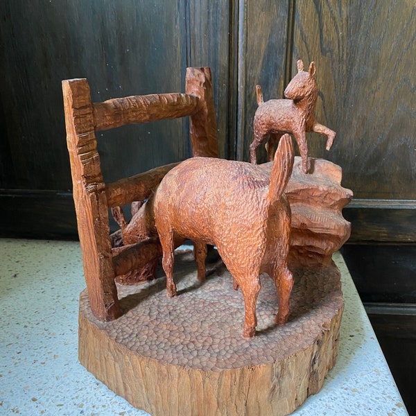 Carved Animals Sculpture. Wild Animal Sculpture. Hand Carved Goat/Llama Feeding. Large and Small Goats/Llamas. Custom Carving.