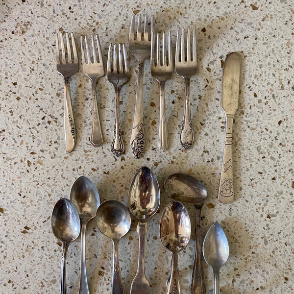 Silver Baby Fork/Spoon Sets with Butter Knife. Miscellaneous Baby Utensil Set. Silver Plate Mix Match Silverware.