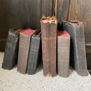 Könnte beinhalten: Sechs antike, ledergebundene Heilige Bibeln mit abgenutzten Kanten und goldenen Schriftzügen. Die Bücher sind in einer Reihe auf einer weißen, gefleckten Oberfläche angeordnet.