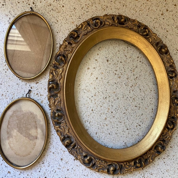 3 Old Oval Gold Frames. Vintage Victorian Distress Frames. Metal/Wood With/Without Glass. Hanging Gold Frames