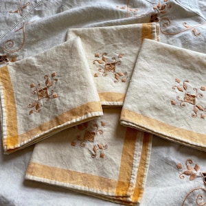 Yellow Gold Table Linens. Square Napkins/Tablecloth. Small Embroidery Tablecloth/4 Napkins. Cutwork Cotton Linens.