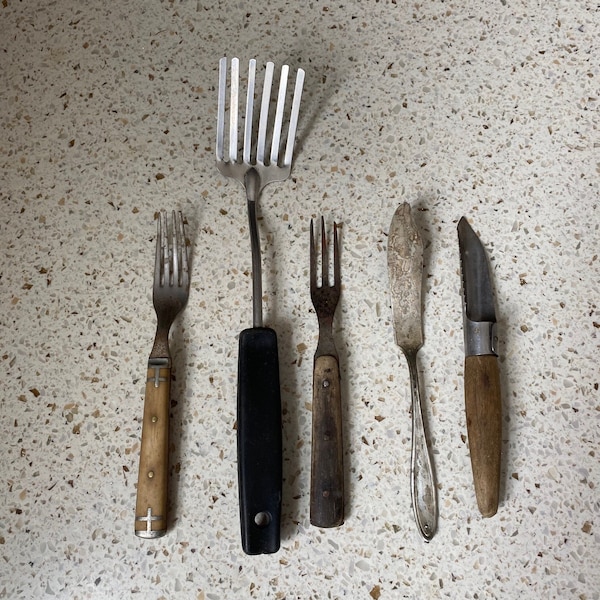 Old Kitchen Utensil. Old Wood Forks. Vintage Foley Pastry Fork. Old Wood Apple Corer