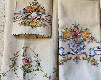 Handborduurwerk thee/handdoek. Linnen vintage thee-/handdoek. Sierlijke bloemen handgestikte thee/handdoek. Prachtig Collect-borduurwerk. Keuze: