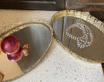 Bandeja ovalada con espejo. Bandeja con espejo para tocador. Joya de filigrana ornamentada, decoración para maquillaje, tocador y baño. Bandeja para velas. Elige.