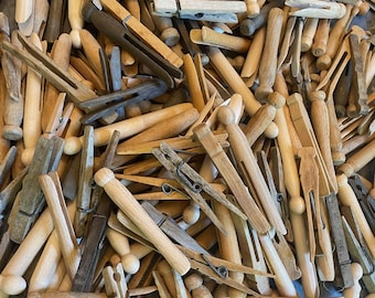 Vintage Assorted Clothespins. Worn Wood Clothespins. Laundry Kitchen Decor. Clothesline Pins. Diff Kinds of Rustic Primitive Decor