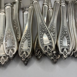 May include: Close-up of a collection of silver-colored flatware. The handles are adorned with a floral design, featuring roses and leaves. The silverware includes knives, forks, and spoons, all with a shiny, reflective surface. The arrangement suggests a formal dining setting.