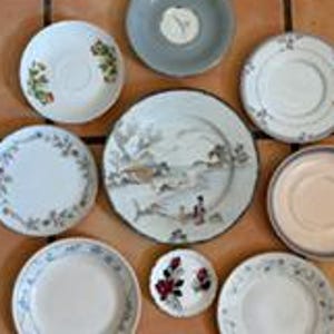 May include: A collection of nine ceramic plates and saucers of varying sizes. The set includes pieces with floral patterns, a central plate featuring a landscape illustration with figures, a solid grey saucer, and a small plate with red roses.