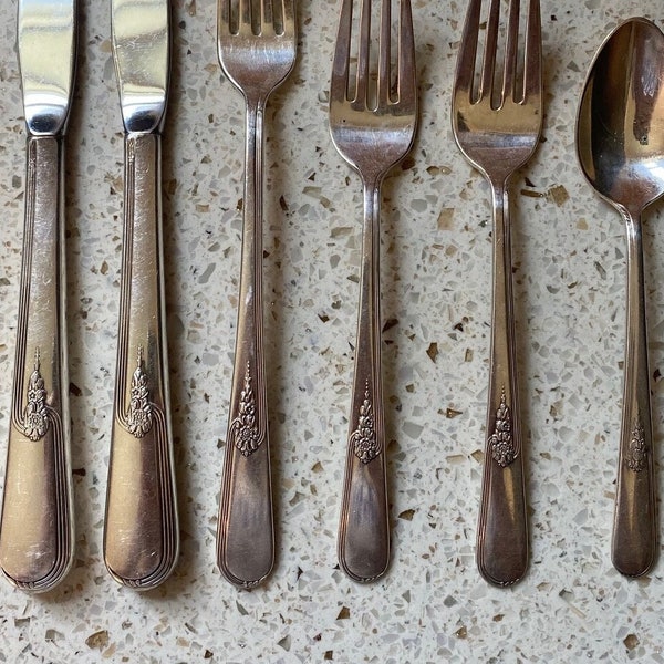 6 Floral Silverware. Spoons, Forks, Knives Silver Plate. Floral Pattern Matching Silverware.