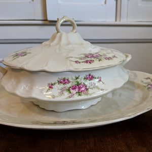 Covered Dish w Platter. Soup Tureen Excelsior Porcelain Rose Dish and Platter. Late 1800s Early 1900 Victorian Table Shabby Chic Decor