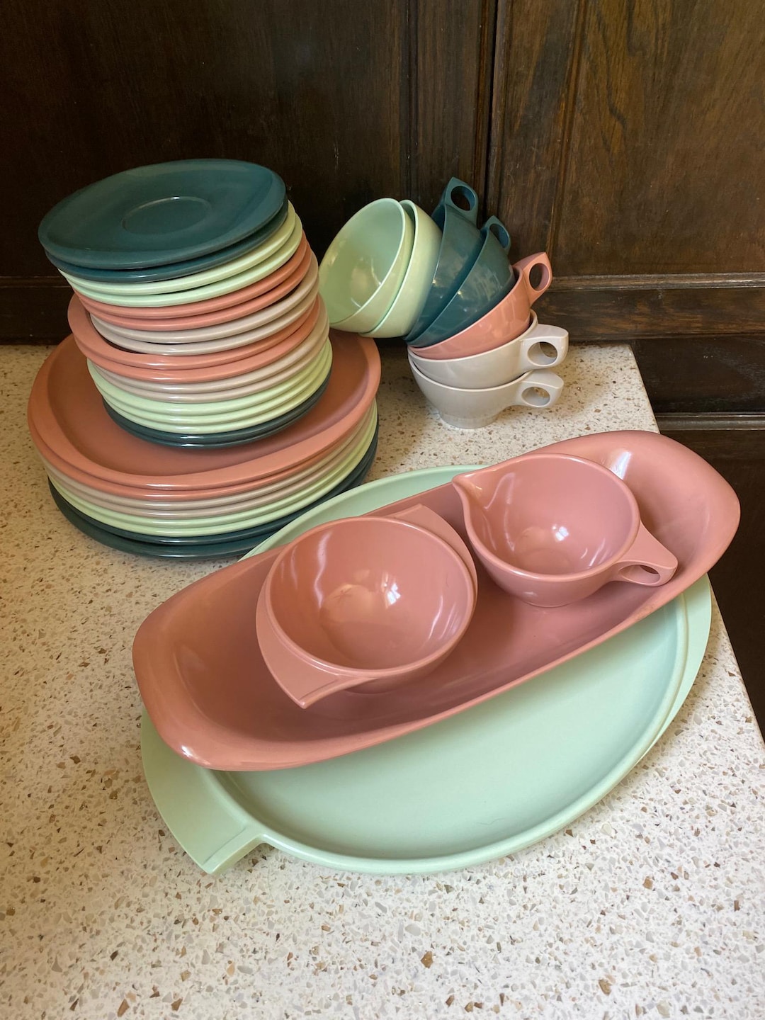 MCM Melmac Dishes. Boonton Ware Plastic Dishes. Colorful Various