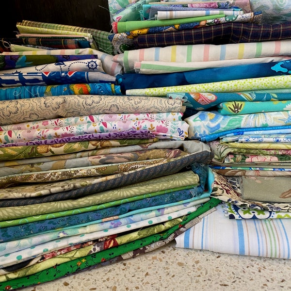 35 Designs Green Blue Fabrics. Bargain Fabric Bundle.  Crafting, Sewing, Blue/Green/Purple/Yellow Cotton Remnants.