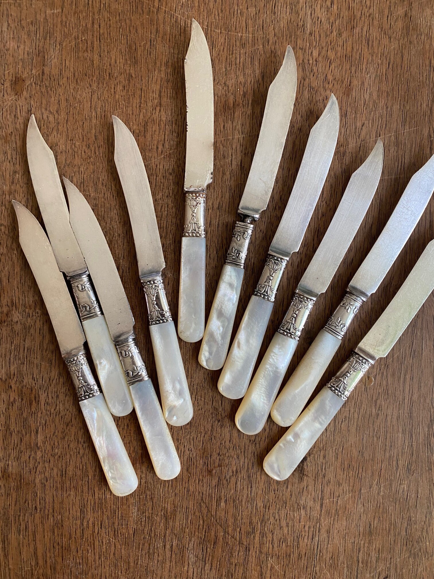 Vintage Paris Mother of Pearl and Silver French Fruit and Spreader Knives