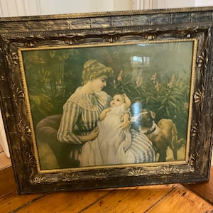 Mother Baby Dog Art. Victorian Artwork. Mother Child Large Painting. Family Dog Artwork. Large Ornate Frame. Choose Frame or Frame & Art