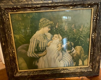 Mother Baby Dog Art. Victorian Artwork. Mother Child Large Painting. Family Dog Artwork. Large Ornate Frame. Choose Frame or Frame & Art