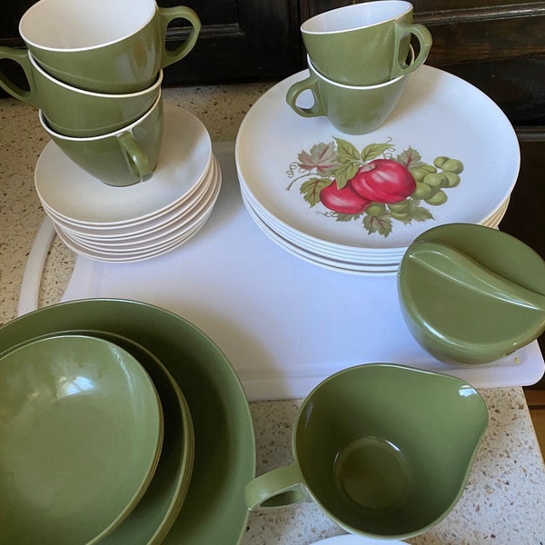 Melmac Apple Grape Dishes. Melmac Fruit Plates, Cups & Saucers, Bowls. Avocado/Olive Green. Retro Vintage Plastic Dishes. Buy What You Want