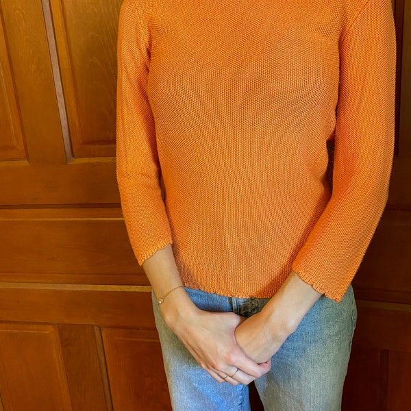 Vintage Fitted Orange Sweater. Knit Fitted Orange Sweater. Scalloped Edges Sharon Anthony Flattering Sweater