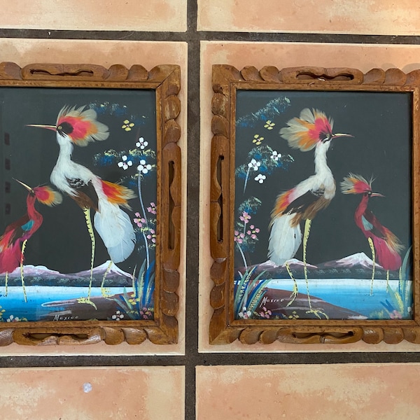 Arte kitsch mexicano con aves. Pareja de aves con plumas. Artesanía con plumas. Marcos de madera ornamentados, kitsch coloridos. Decoración retro hippie playera para el hogar.