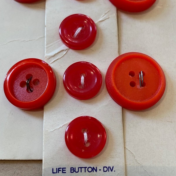 3 Cards of Buttons. Red Small Buttons. All 3 Sets. Vintage 2, 4 Eye 1/3, 1/2 and 5/8 Inch Buttons. La Mode, LaVie and Lansing Buttons