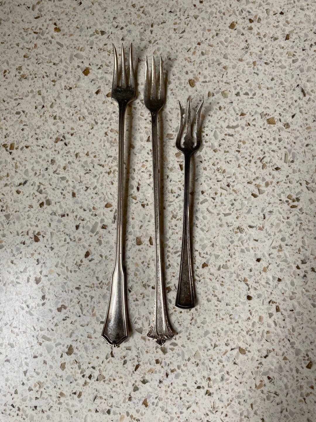 3 Pickle Forks. Olive, Seafood, Pickle Forks. Silver Plate Appetizer