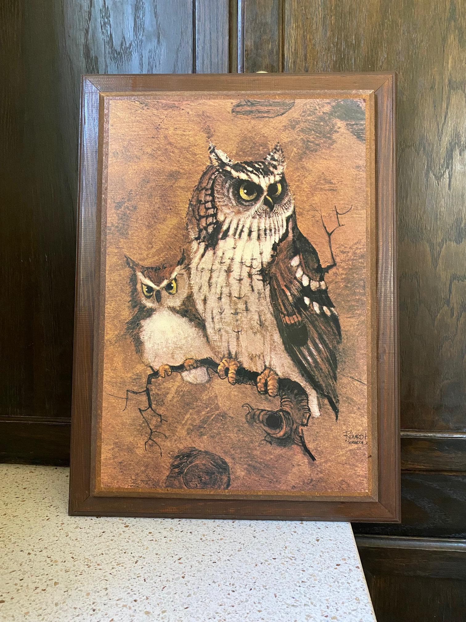 2 Owls Art. Richard H Screech Owls Mounted on Wood. Retro Vintage