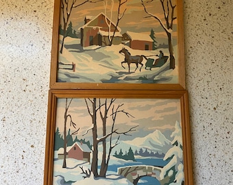 2 Finish Framed Paint Number. Vintage Framed Small Painting Winter Country Scene. Framed Paint by Number. Small Mountain, Snow, Landscape