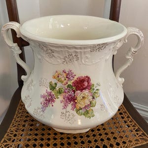 Tall Pink Floral Chamber Pot. Gorgeous Sterling Porcelain Co. Large Hydrangea Rose Gold Embossed 2 Handle Planter, Centerpiece Container