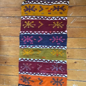 Colorful Long Kilim. Turkish Woven Colorful Rug. Small Turkish Rug. Use on Floor, Table or Wall or for Pillow, Tote, Stockings. 25 x 50 In.