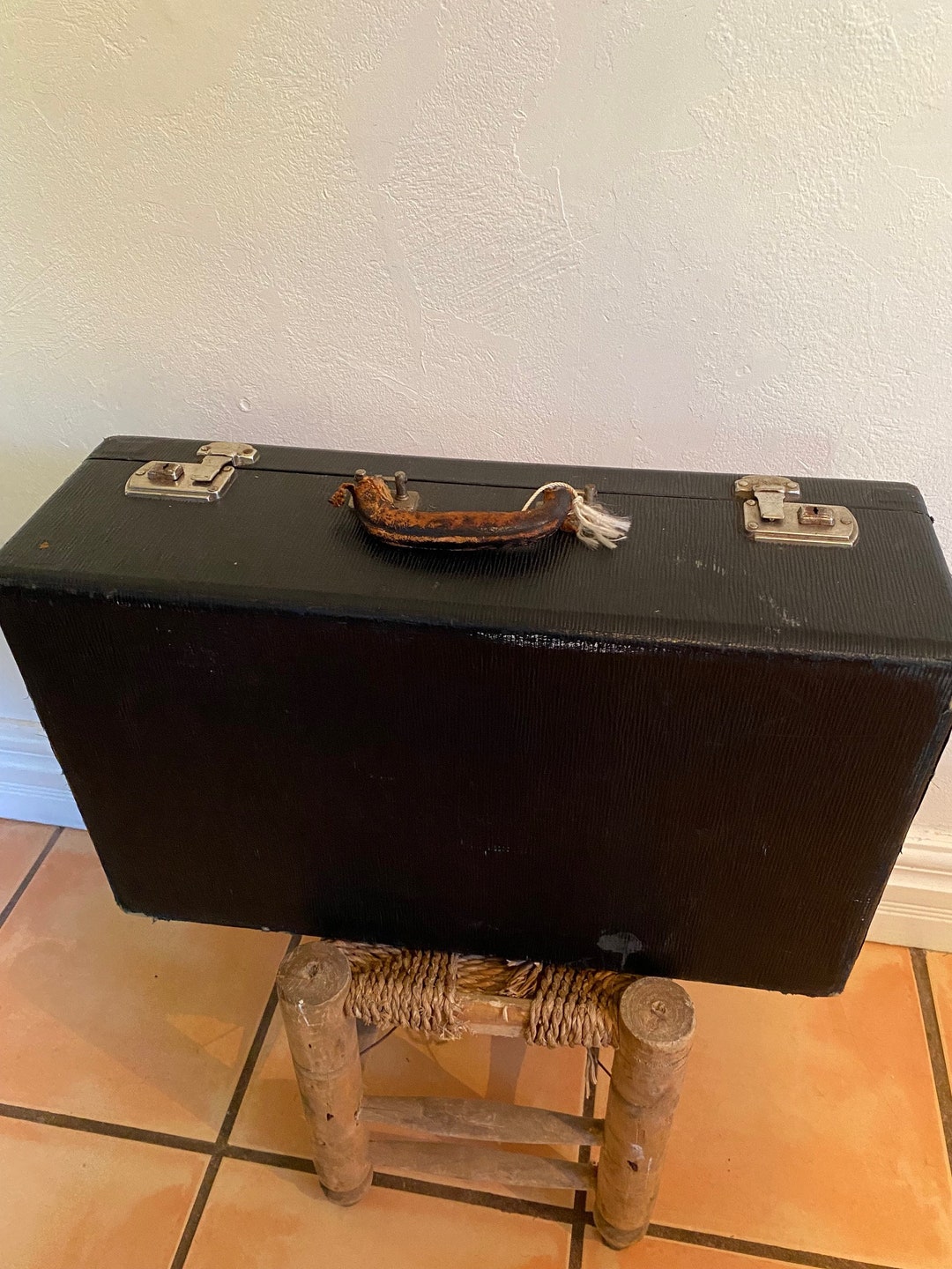 Vintage Black Briefcase With Luggage Clasps & Handle. Vintage Storage