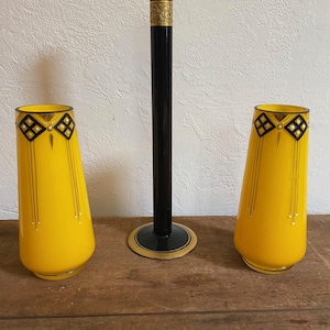 MCM Black Yellow Vases. Art Deco MCM Vases. Tall Slender Black Gold Vase. Beautiful Art Glass Pieces.