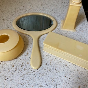 Choice Celluloid Vanity. Vintage Celluloid Dresser/Bath Decor. Powder Shaker/Box, Mirror, Storage Box, Frames, Victorian Decor