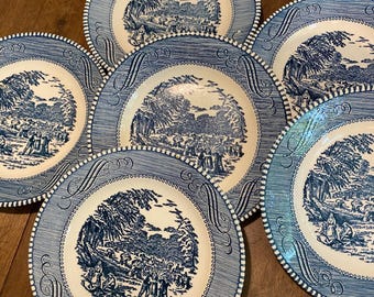 Small Plates. Currier Ives The Harvest. Blue White Vintage Dishes. 6 1/4 inches.  Choice.
