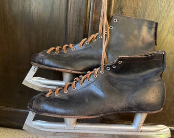 Leather Ice Skates. Old Black Ice Skates. Lace Up 11 Inch Winter Lodge, Snow Sports Decor. Usable Still